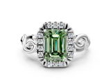 White gold Fancy Green Emerald  Cut Halo Diamond Ring with Scrollwork Band and Four-Prong Setting_46
