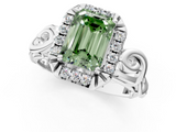 White gold Fancy Green Emerald  Cut Halo Diamond Ring with Scrollwork Band and Four-Prong Setting_47