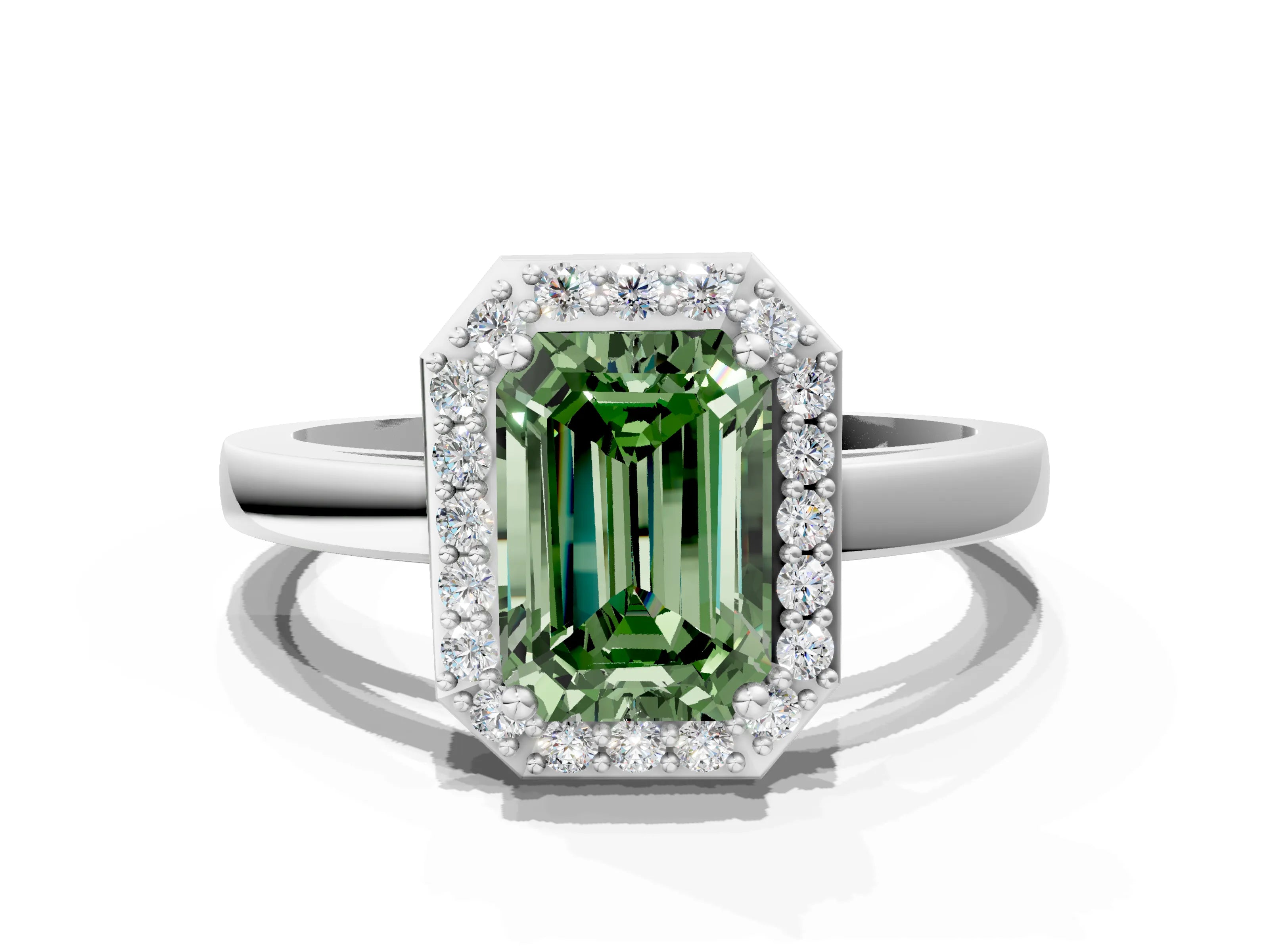 White gold Fancy Green Emerald Cut Halo Diamond Ring with Solitaire Band and Prong Setting
