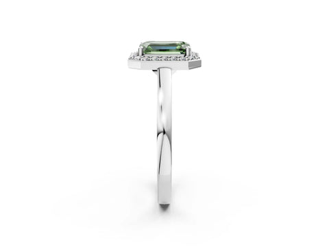 White gold Fancy Green Emerald Cut Halo Diamond Ring with Solitaire Band and Prong Setting_16