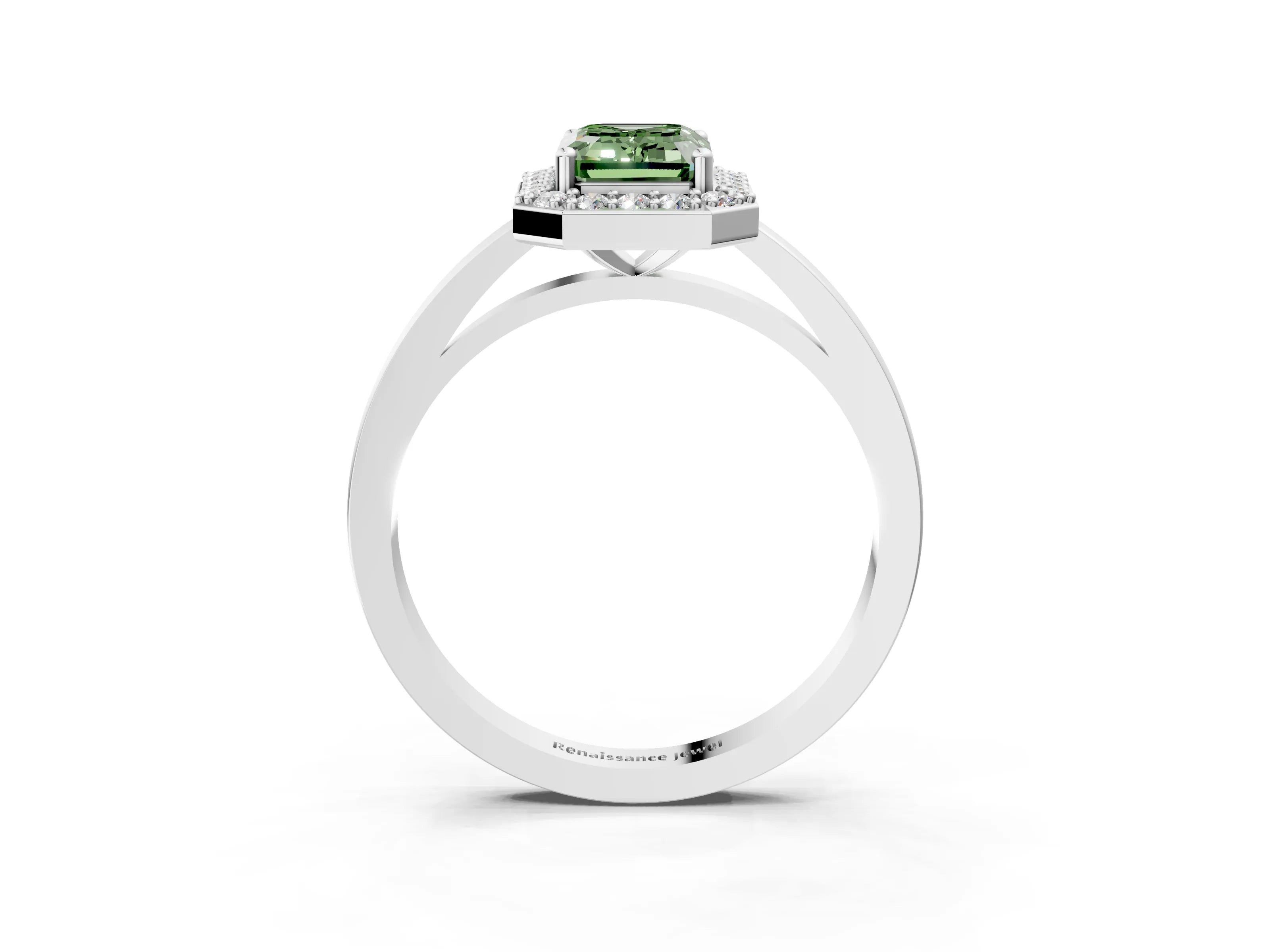 White gold Fancy Green Emerald Cut Halo Diamond Ring with Solitaire Band and Prong Setting_17