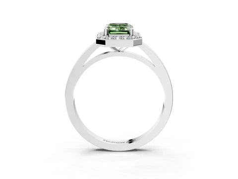 White gold Fancy Green Emerald Cut Halo Diamond Ring with Solitaire Band and Prong Setting_17
