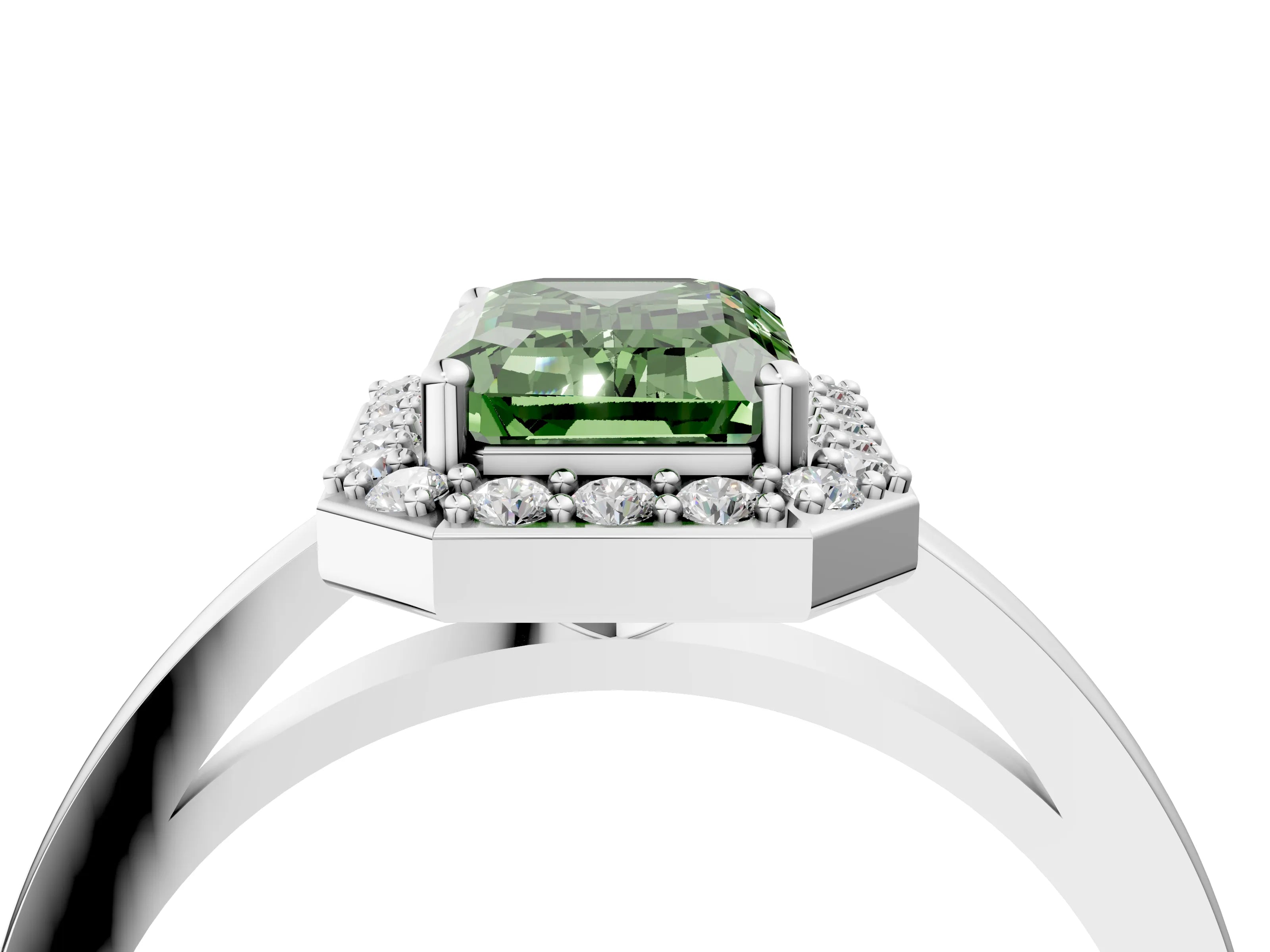 White gold Fancy Green Emerald Cut Halo Diamond Ring with Solitaire Band and Prong Setting_18