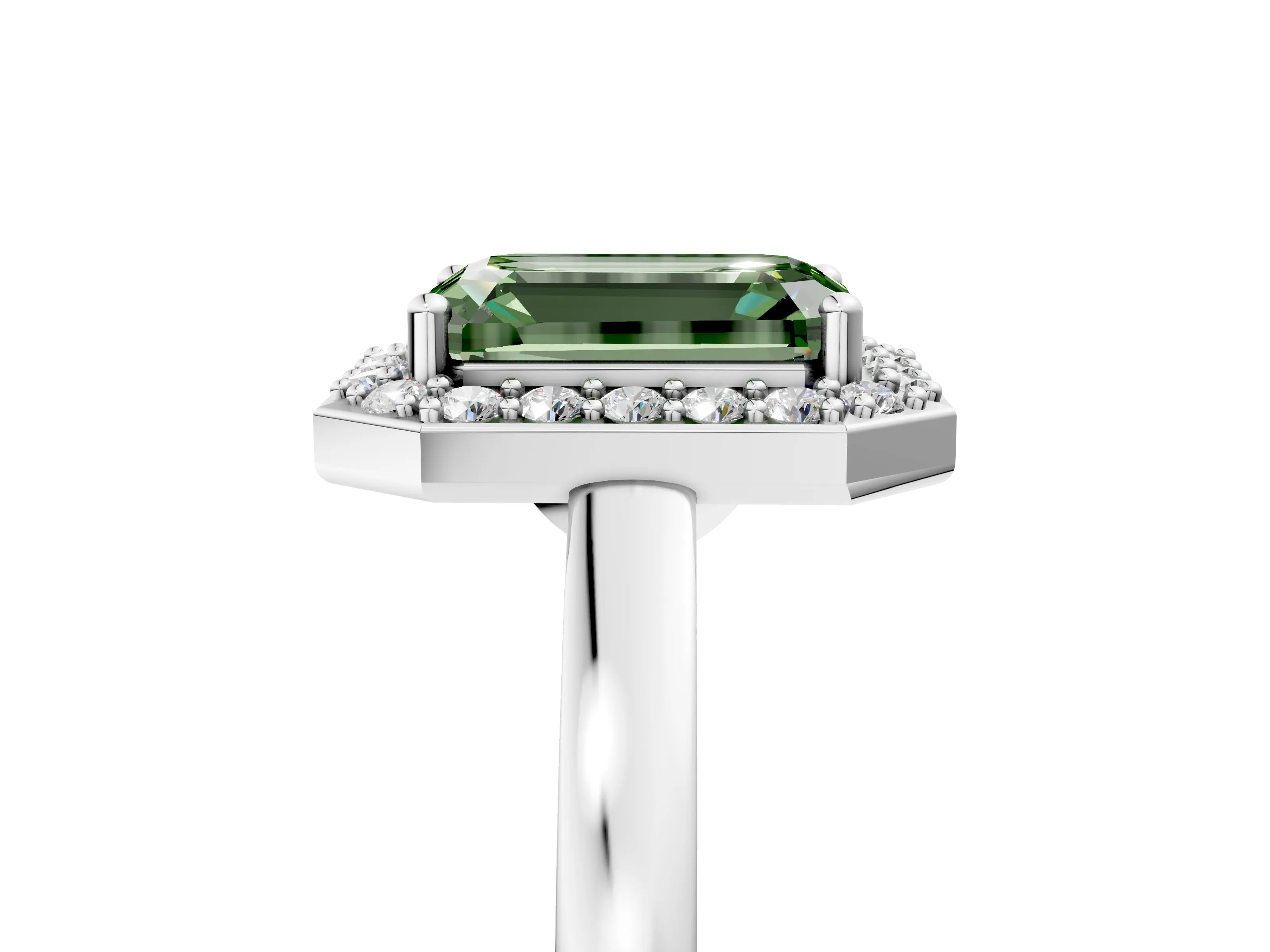 White gold Fancy Green Emerald Cut Halo Diamond Ring with Solitaire Band and Prong Setting_19