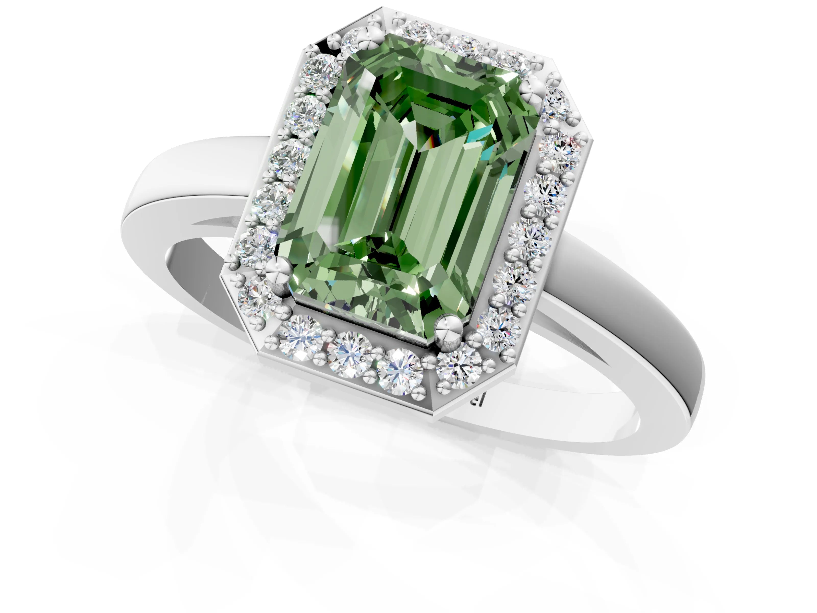 White gold Fancy Green Emerald Cut Halo Diamond Ring with Solitaire Band and Prong Setting_1