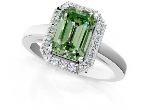 White gold Fancy Green Emerald Cut Halo Diamond Ring with Solitaire Band and Prong Setting_1