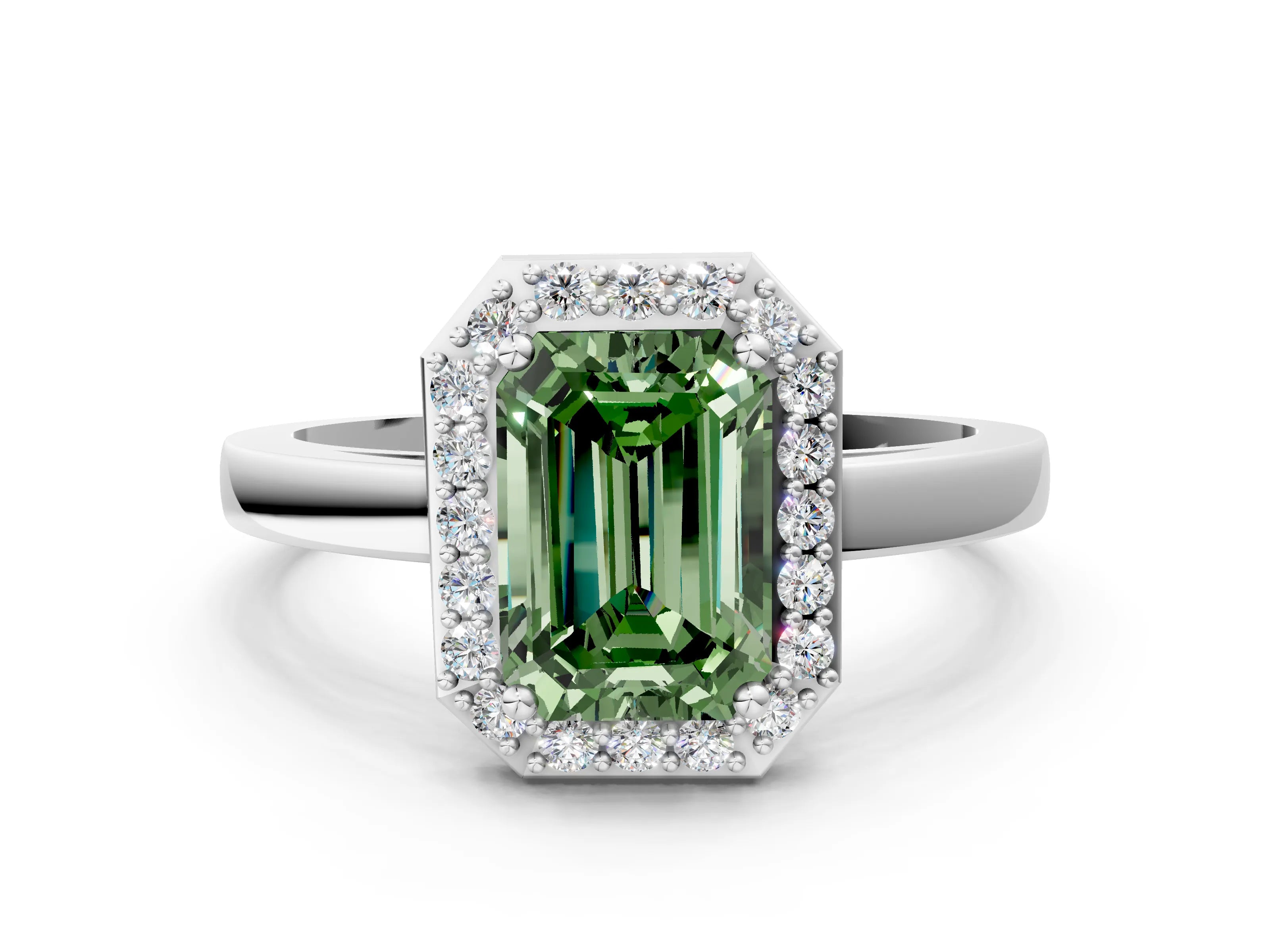 White gold Fancy Green Emerald Cut Halo Diamond Ring with Solitaire Band and Prong Setting_20