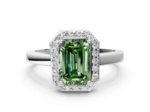 White gold Fancy Green Emerald Cut Halo Diamond Ring with Solitaire Band and Prong Setting_20