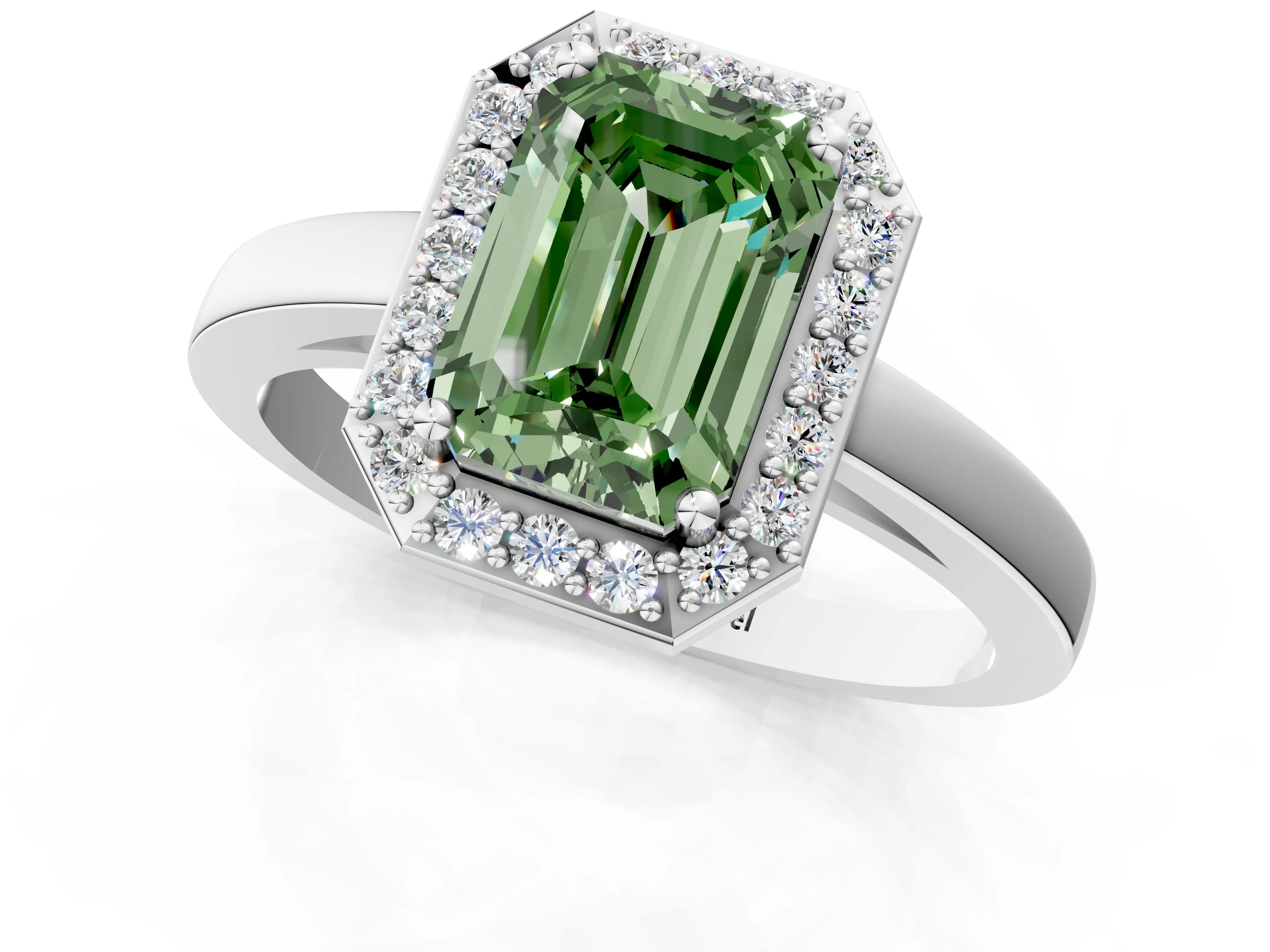 White gold Fancy Green Emerald Cut Halo Diamond Ring with Solitaire Band and Prong Setting_21