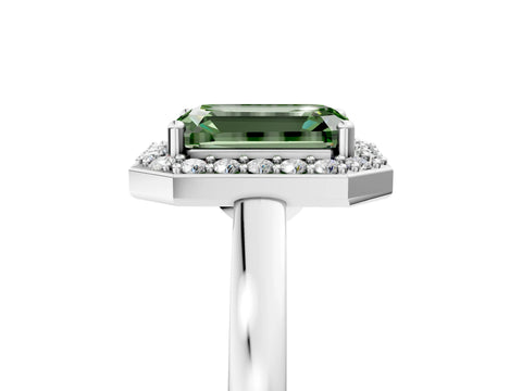 White gold Fancy Green Emerald Cut Halo Diamond Ring with Solitaire Band and Prong Setting_25