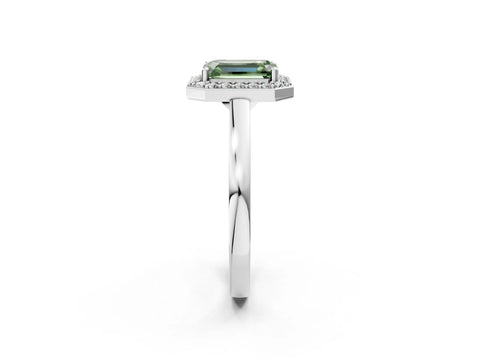 White gold Fancy Green Emerald Cut Halo Diamond Ring with Solitaire Band and Prong Setting_2