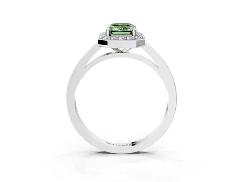 White gold Fancy Green Emerald Cut Halo Diamond Ring with Solitaire Band and Prong Setting_3