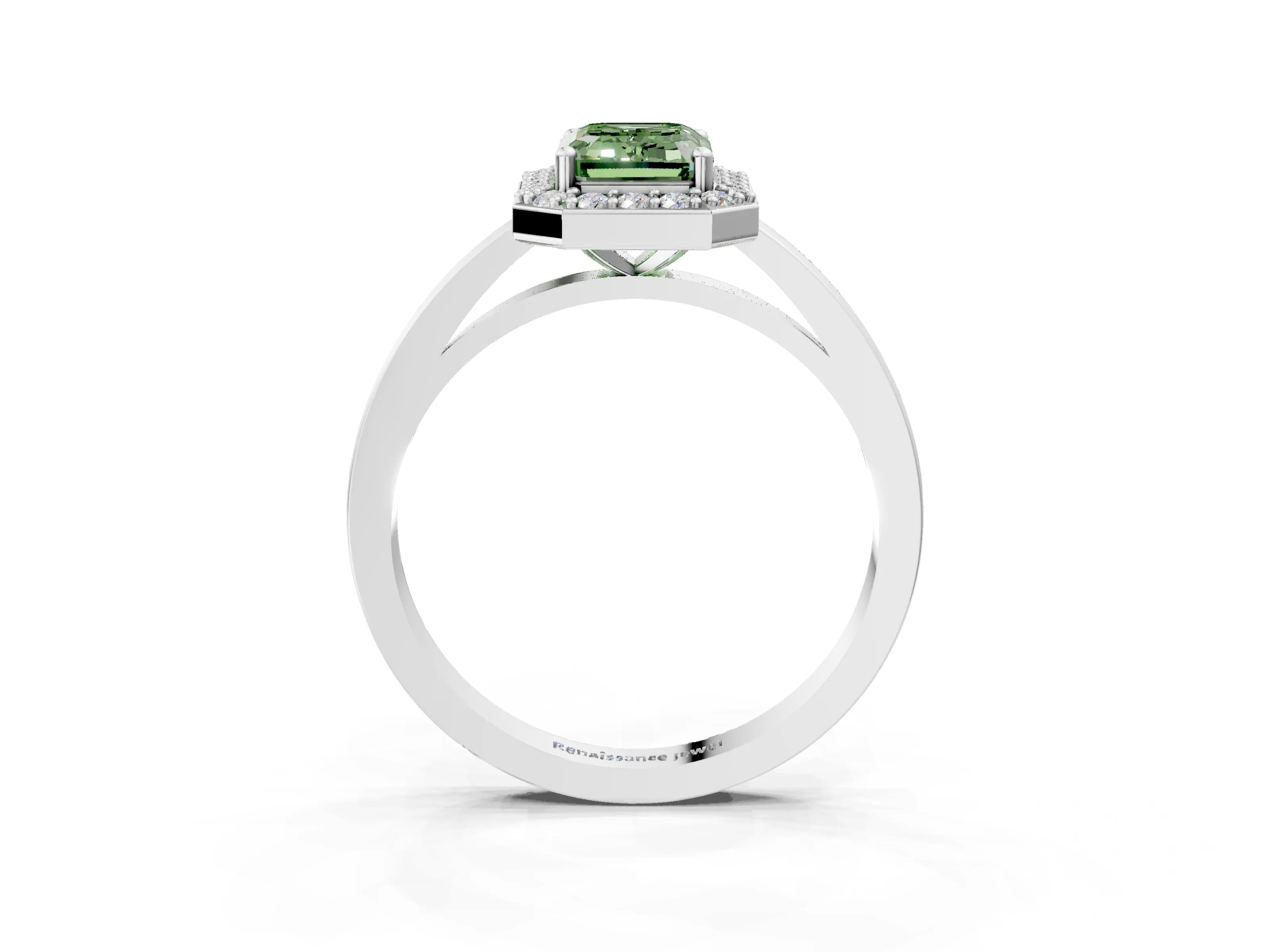 White gold Fancy Green Emerald Cut Halo Diamond Ring with Solitaire Band and Prong Setting_3