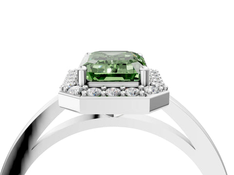 White gold Fancy Green Emerald Cut Halo Diamond Ring with Solitaire Band and Prong Setting_4