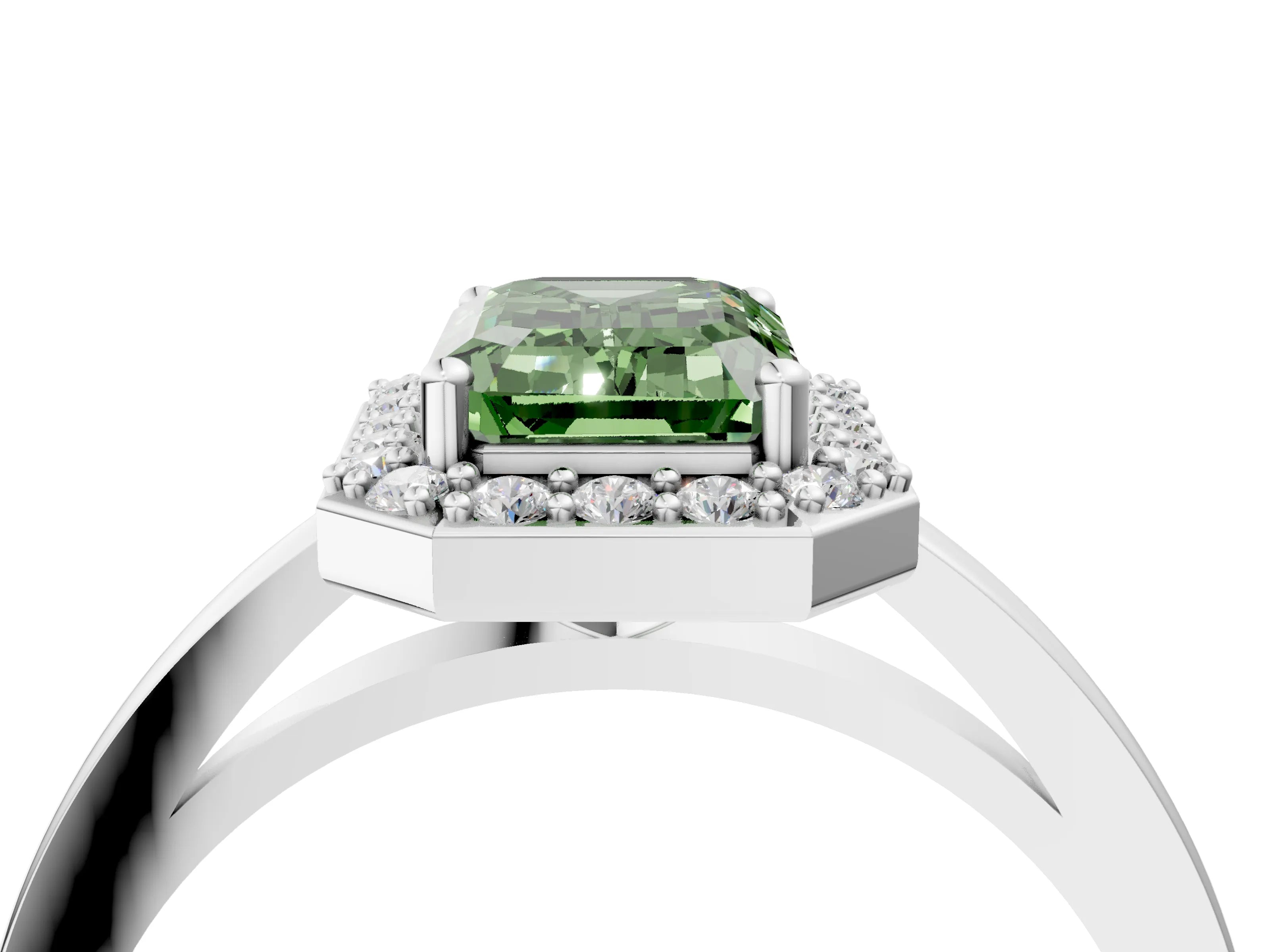 White gold Fancy Green Emerald Cut Halo Diamond Ring with Solitaire Band and Prong Setting_4