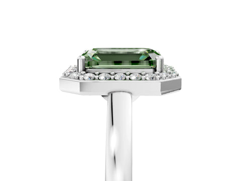 White gold Fancy Green Emerald Cut Halo Diamond Ring with Solitaire Band and Prong Setting_5