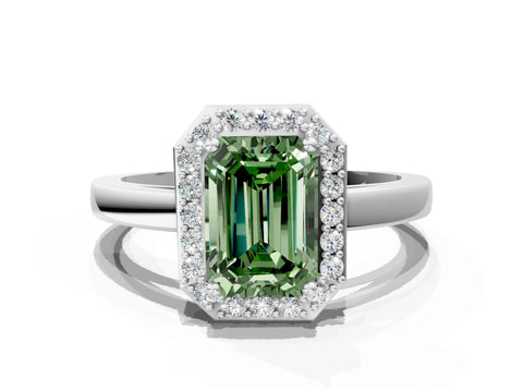 White gold Fancy Green Emerald Cut Halo Diamond Ring with Solitaire Band and Prong Setting