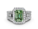 White gold Fancy Green Emerald Cut Halo Diamond Ring with Split Shank and Four-Prong Setting_101