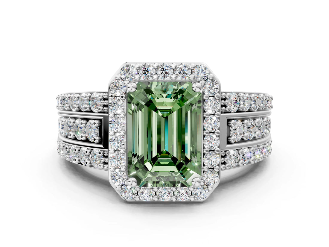 White gold Fancy Green Emerald Cut Halo Diamond Ring with Split Shank and Four-Prong Setting_102