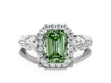 White gold Fancy Green Emerald Cut Halo Diamond Solitaire with Filigree Band and Four-Prong Setting