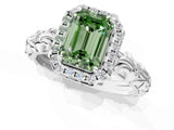 White gold Fancy Green Emerald Cut Halo Diamond Solitaire with Filigree Band and Four-Prong Setting_1