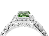 White gold Fancy Green Emerald Cut Halo Diamond Solitaire with Filigree Band and Four-Prong Setting_4