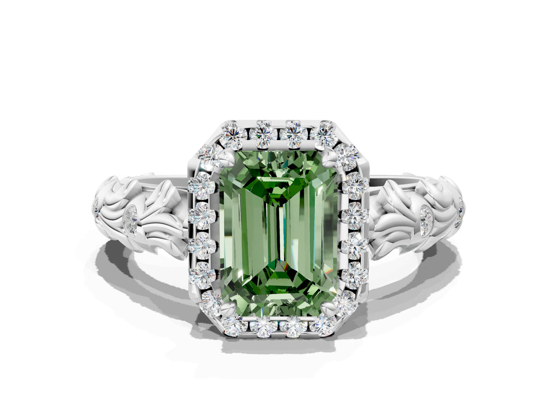 White gold Fancy Green Emerald Cut Halo Diamond Solitaire with Filigree Band and Four-Prong Setting
