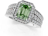 White gold Fancy Green Emerald Cut Halo Diamond Split Shank Ring with Prong Setting_1