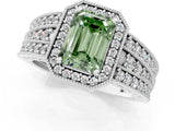 White gold Fancy Green Emerald Cut Halo Diamond Split Shank Ring with Prong Setting_13