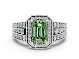 White gold Fancy Green Emerald Cut Halo Diamond Split Shank Ring with Prong Setting