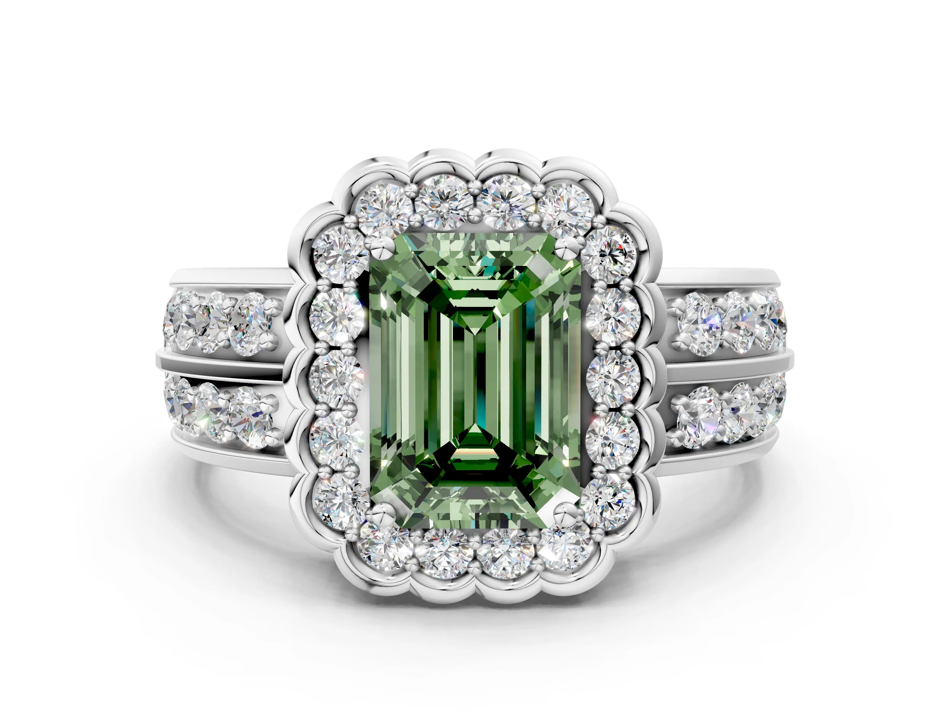 White gold Fancy Green Emerald Cut Halo Diamond Split Shank Ring with Scalloped Prong Setting_12
