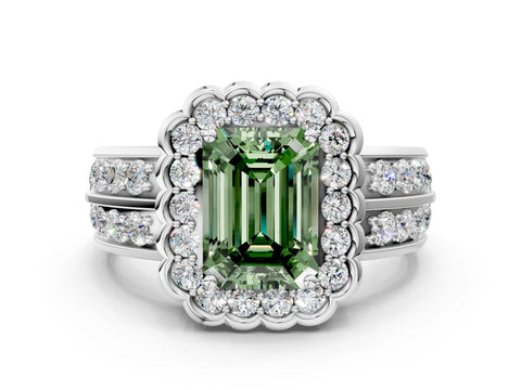 White gold Fancy Green Emerald Cut Halo Diamond Split Shank Ring with Scalloped Prong Setting_12