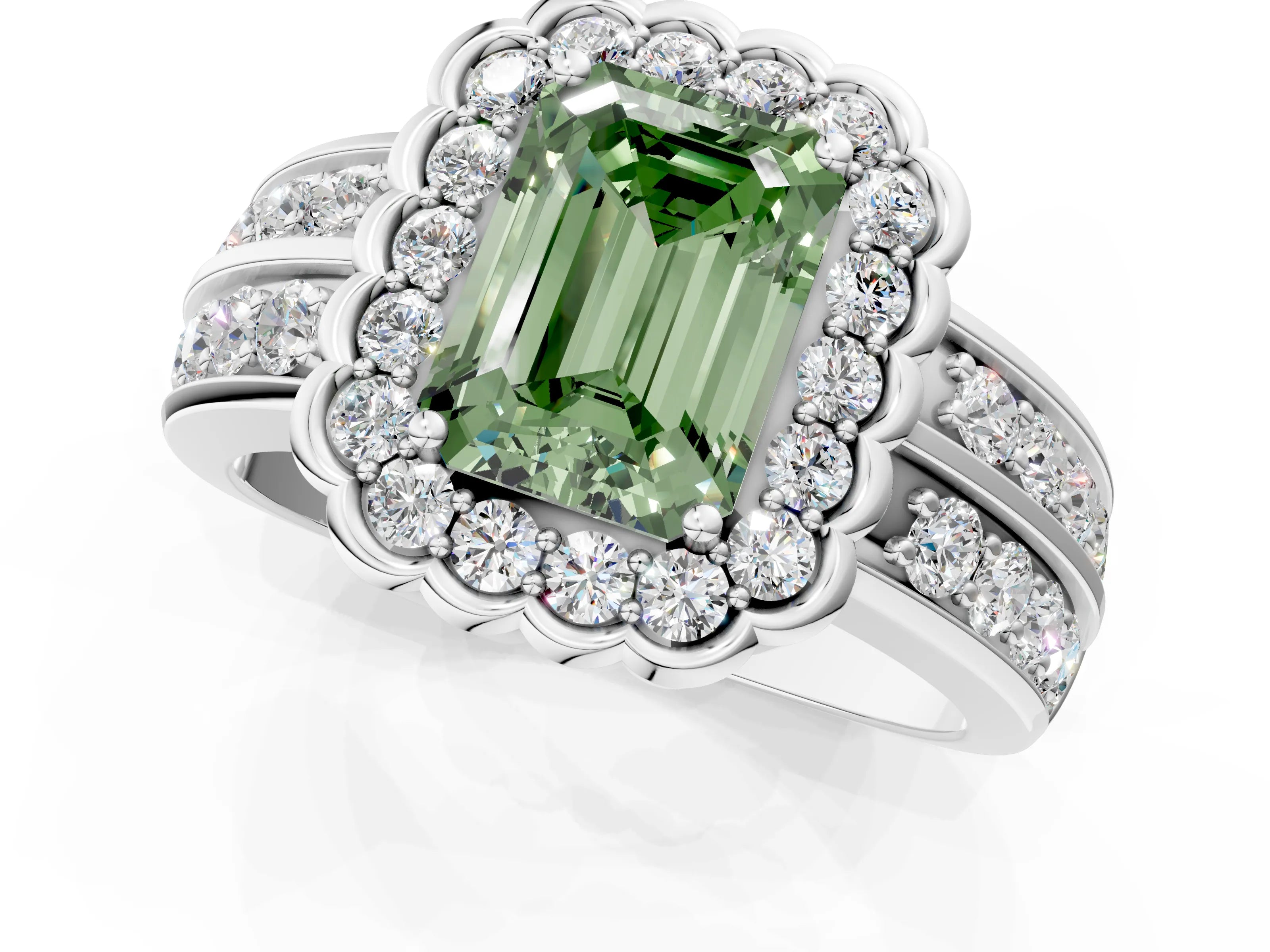 White gold Fancy Green Emerald Cut Halo Diamond Split Shank Ring with Scalloped Prong Setting_13