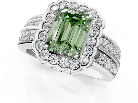 White gold Fancy Green Emerald Cut Halo Diamond Split Shank Ring with Scalloped Prong Setting_13