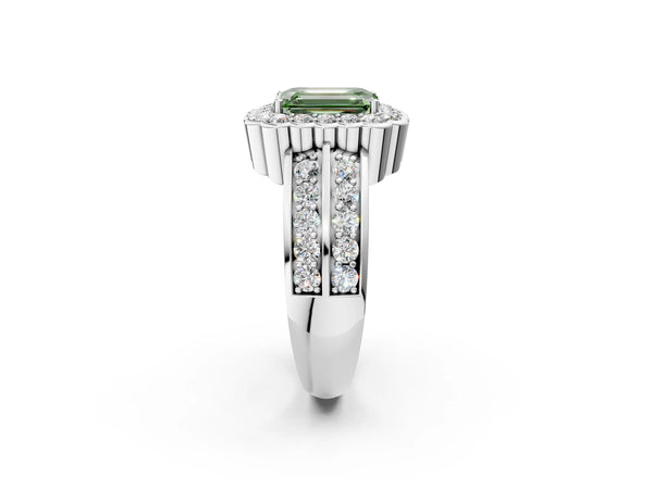 Platinum Fancy Green Emerald Cut Halo Diamond Split Shank Ring with Scalloped Prong Setting
