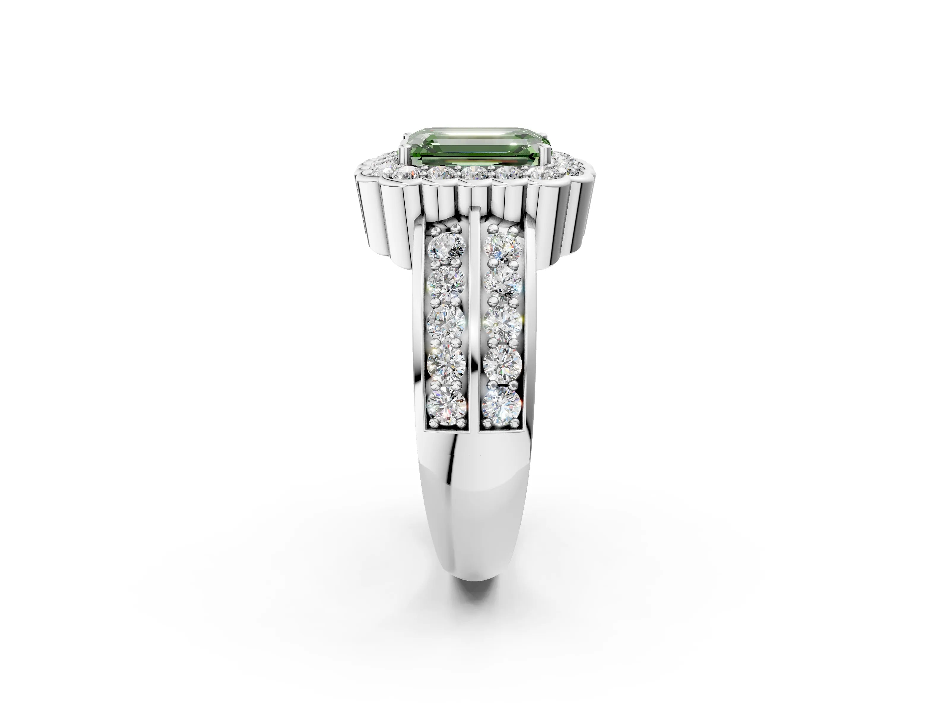 White gold Fancy Green Emerald Cut Halo Diamond Split Shank Ring with Scalloped Prong Setting_14