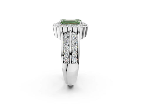 White gold Fancy Green Emerald Cut Halo Diamond Split Shank Ring with Scalloped Prong Setting_14
