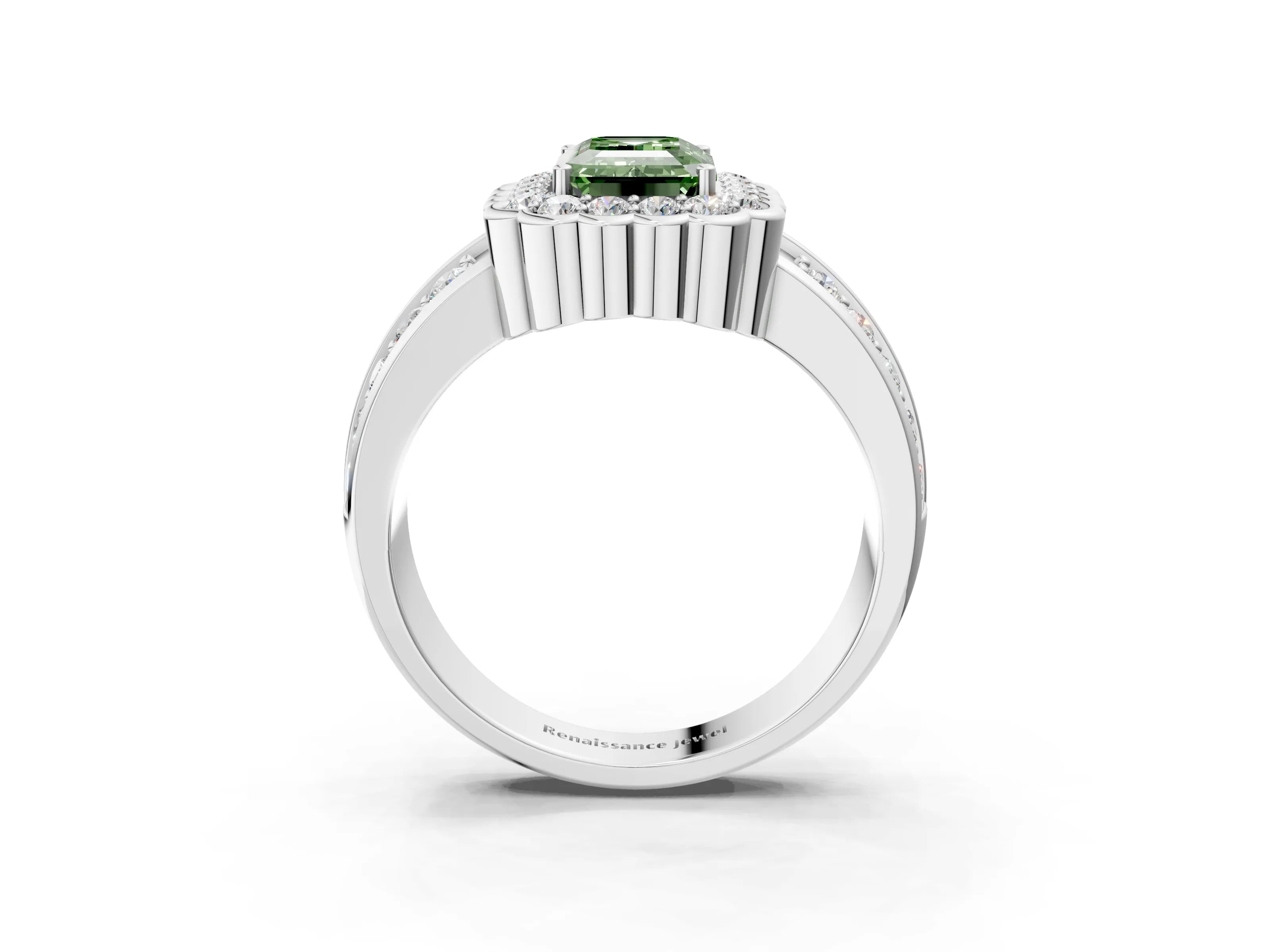 White gold Fancy Green Emerald Cut Halo Diamond Split Shank Ring with Scalloped Prong Setting_15
