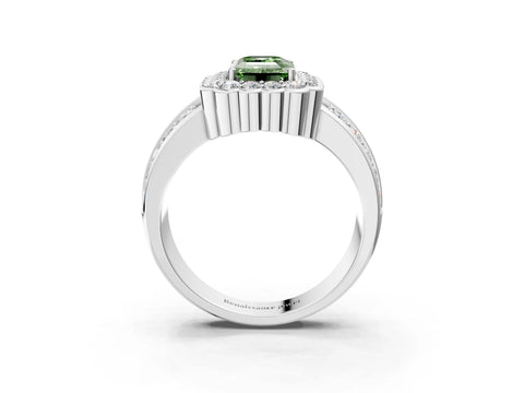 White gold Fancy Green Emerald Cut Halo Diamond Split Shank Ring with Scalloped Prong Setting_15