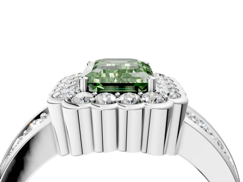 White gold Fancy Green Emerald Cut Halo Diamond Split Shank Ring with Scalloped Prong Setting_16