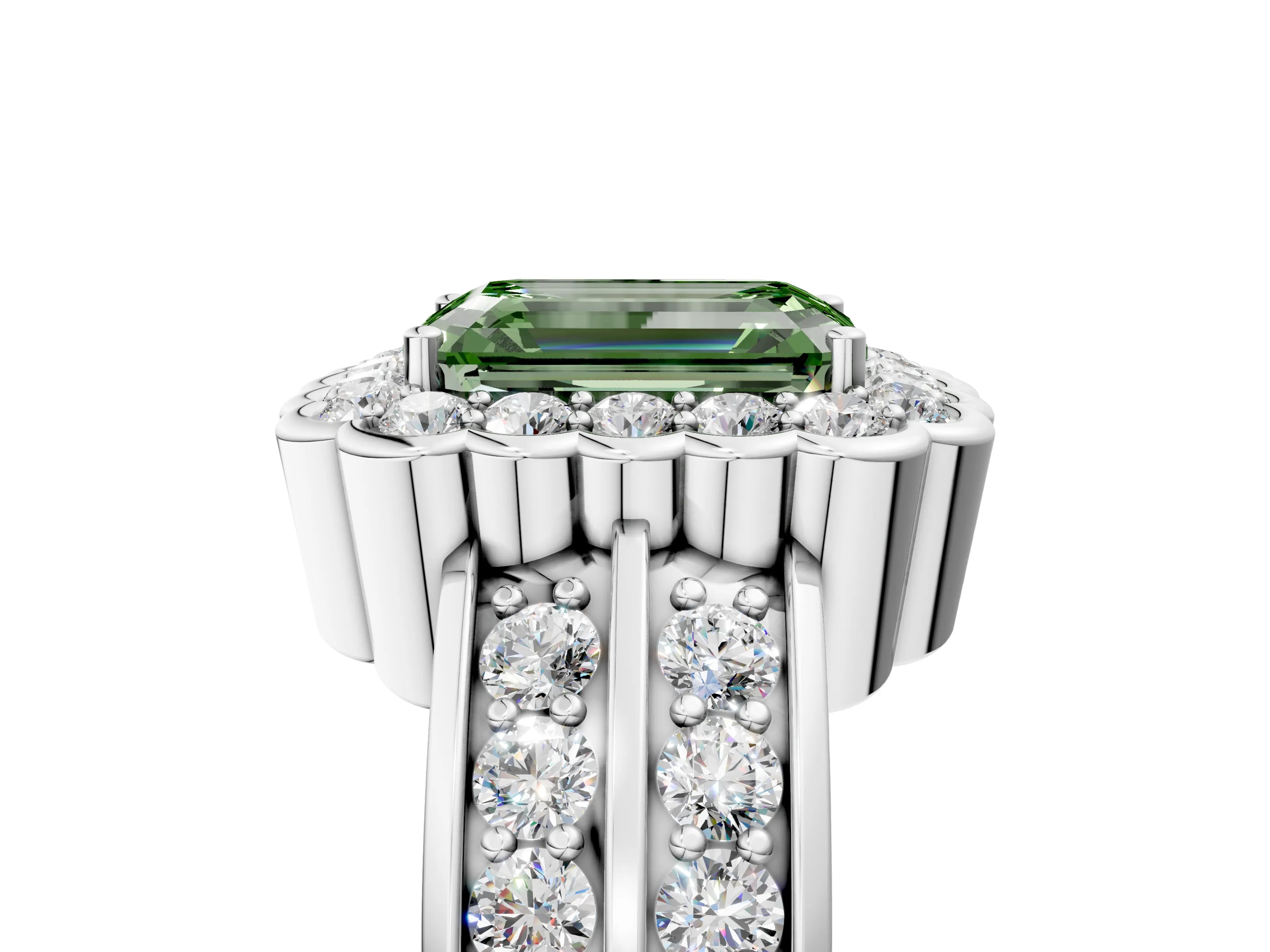 White gold Fancy Green Emerald Cut Halo Diamond Split Shank Ring with Scalloped Prong Setting_17