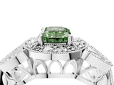 White gold Fancy Green Emerald Cut Halo Milgrain Diamond Engagement Ring with Leaf Band and Four-Prong Setting_4