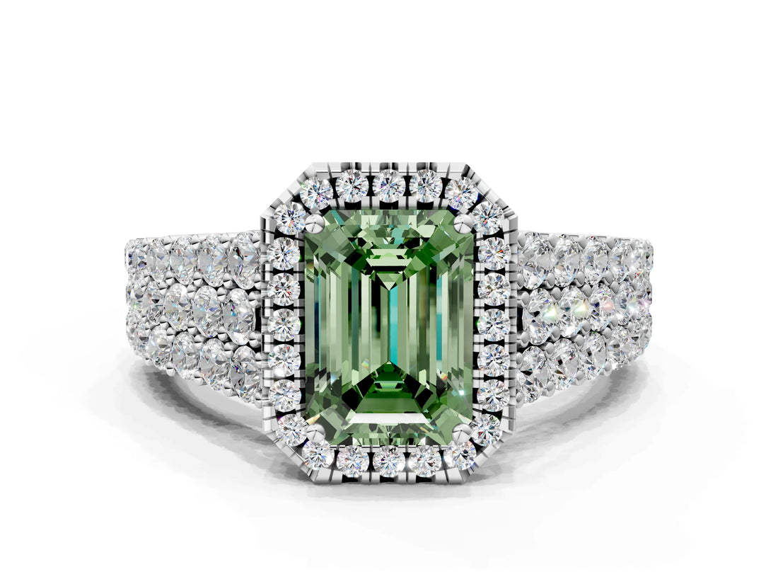 White gold Fancy Green Emerald Cut Halo Pavé Diamond Engagement Ring with Split Shank and Four-Prong Setting_3