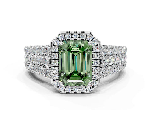 White gold Fancy Green Emerald Cut Halo Pavé Diamond Engagement Ring with Split Shank and Four-Prong Setting_3