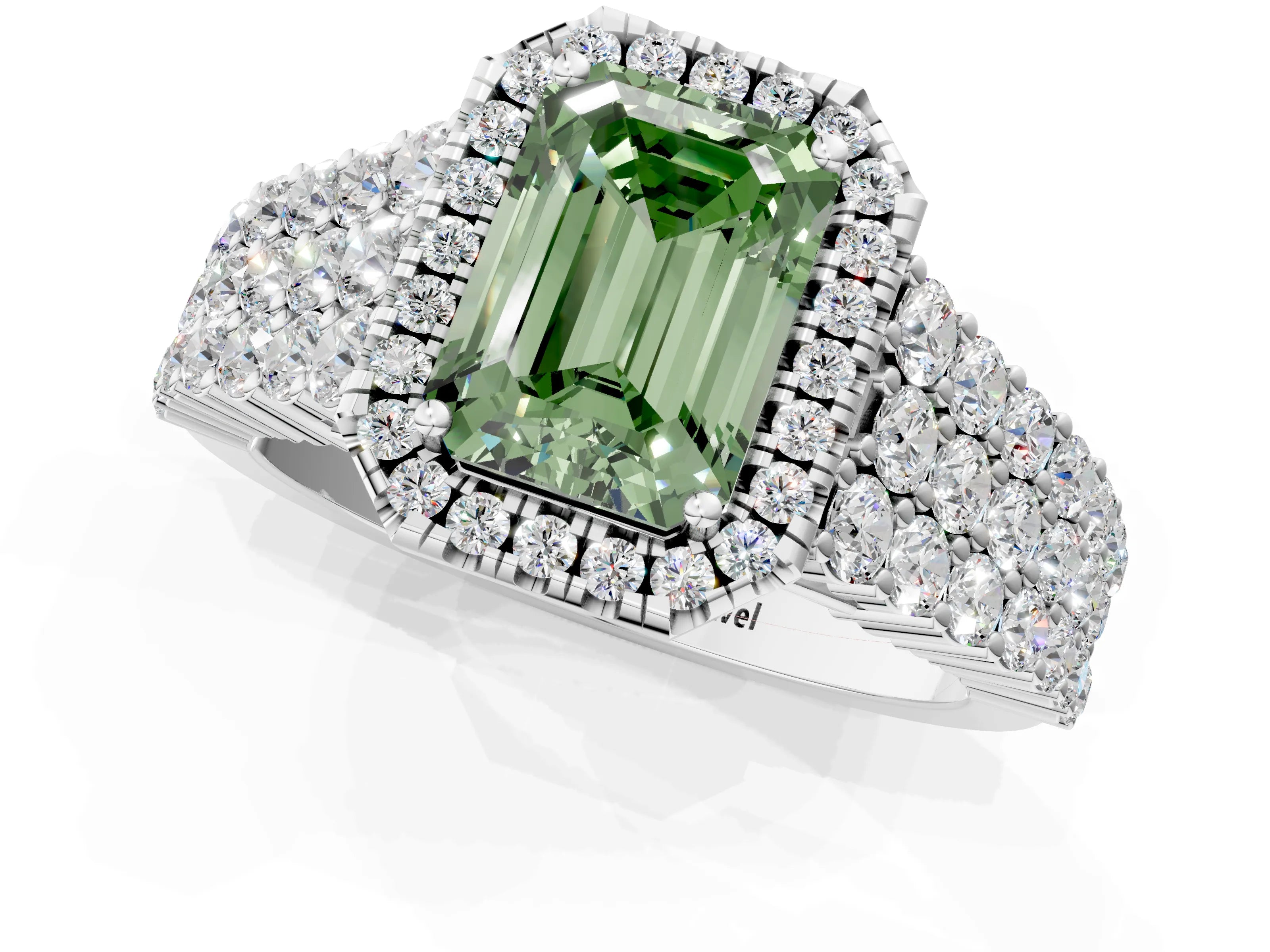 White gold Fancy Green Emerald Cut Halo Pavé Diamond Engagement Ring with Split Shank and Four-Prong Setting_4