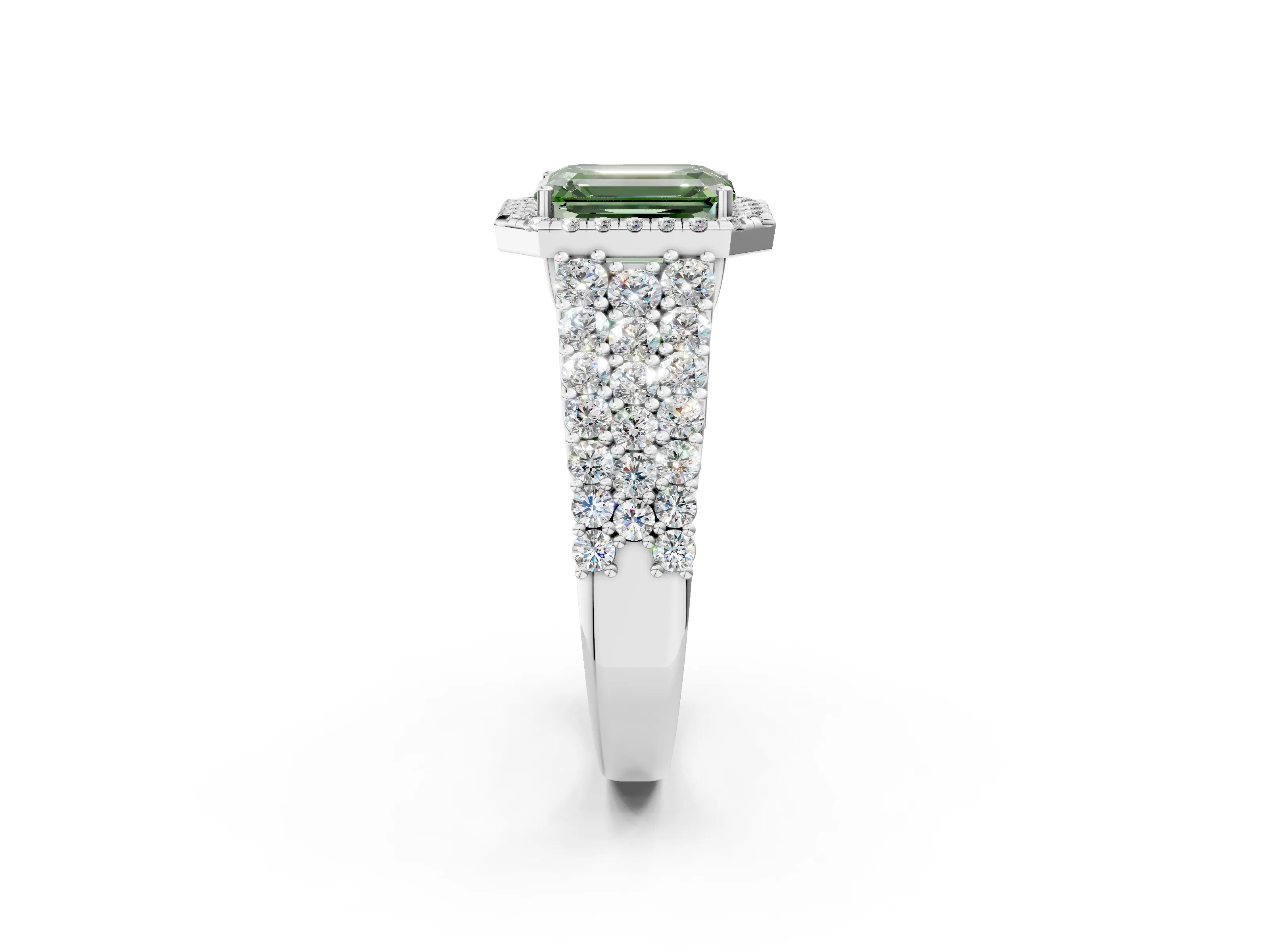 White gold Fancy Green Emerald Cut Halo Pavé Diamond Engagement Ring with Split Shank and Four-Prong Setting_5