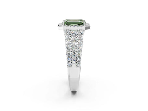 White gold Fancy Green Emerald Cut Halo Pavé Diamond Engagement Ring with Split Shank and Four-Prong Setting_5