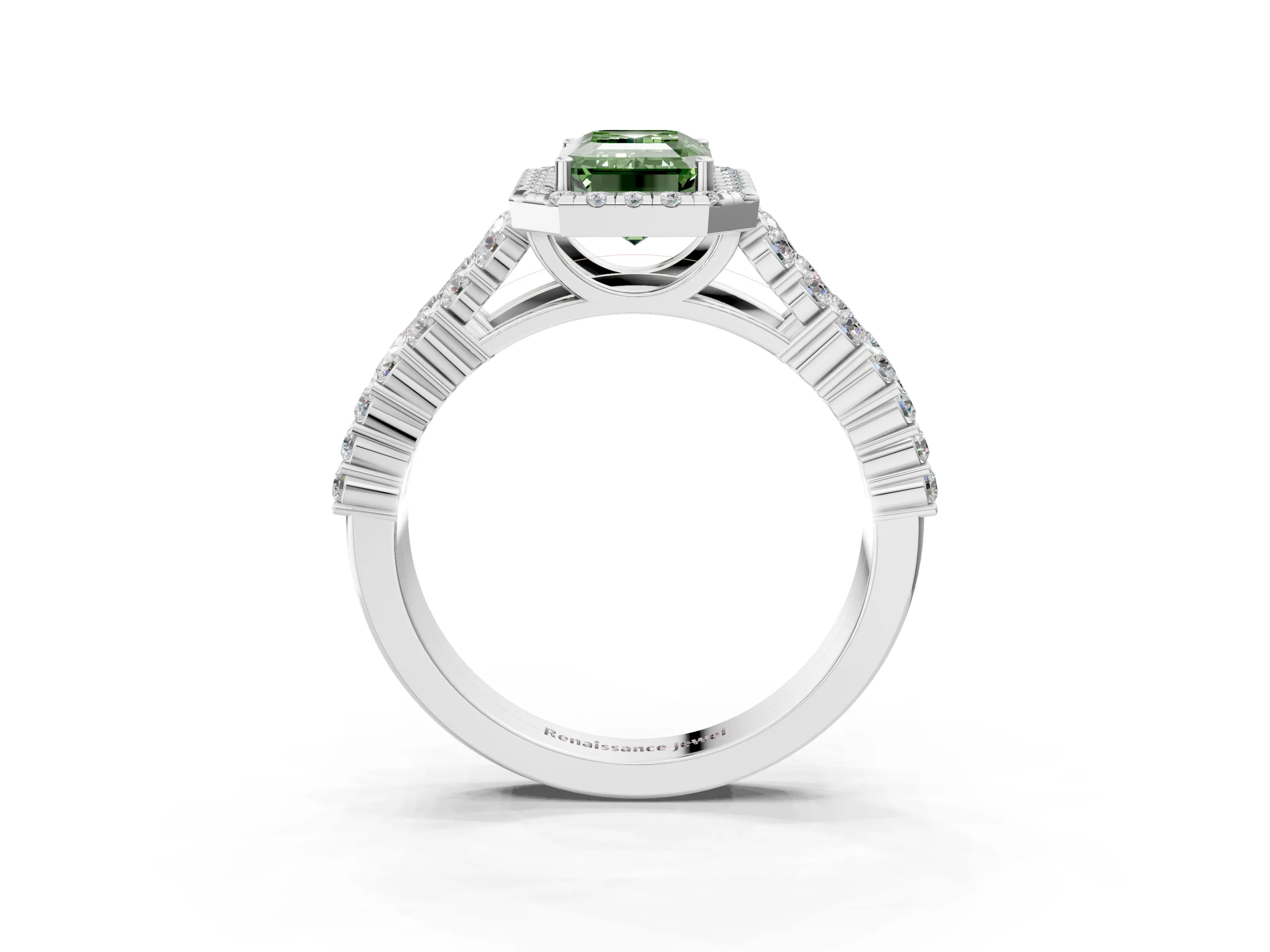 White gold Fancy Green Emerald Cut Halo Pavé Diamond Engagement Ring with Split Shank and Four-Prong Setting_6