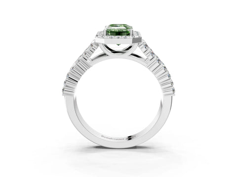 White gold Fancy Green Emerald Cut Halo Pavé Diamond Engagement Ring with Split Shank and Four-Prong Setting_6