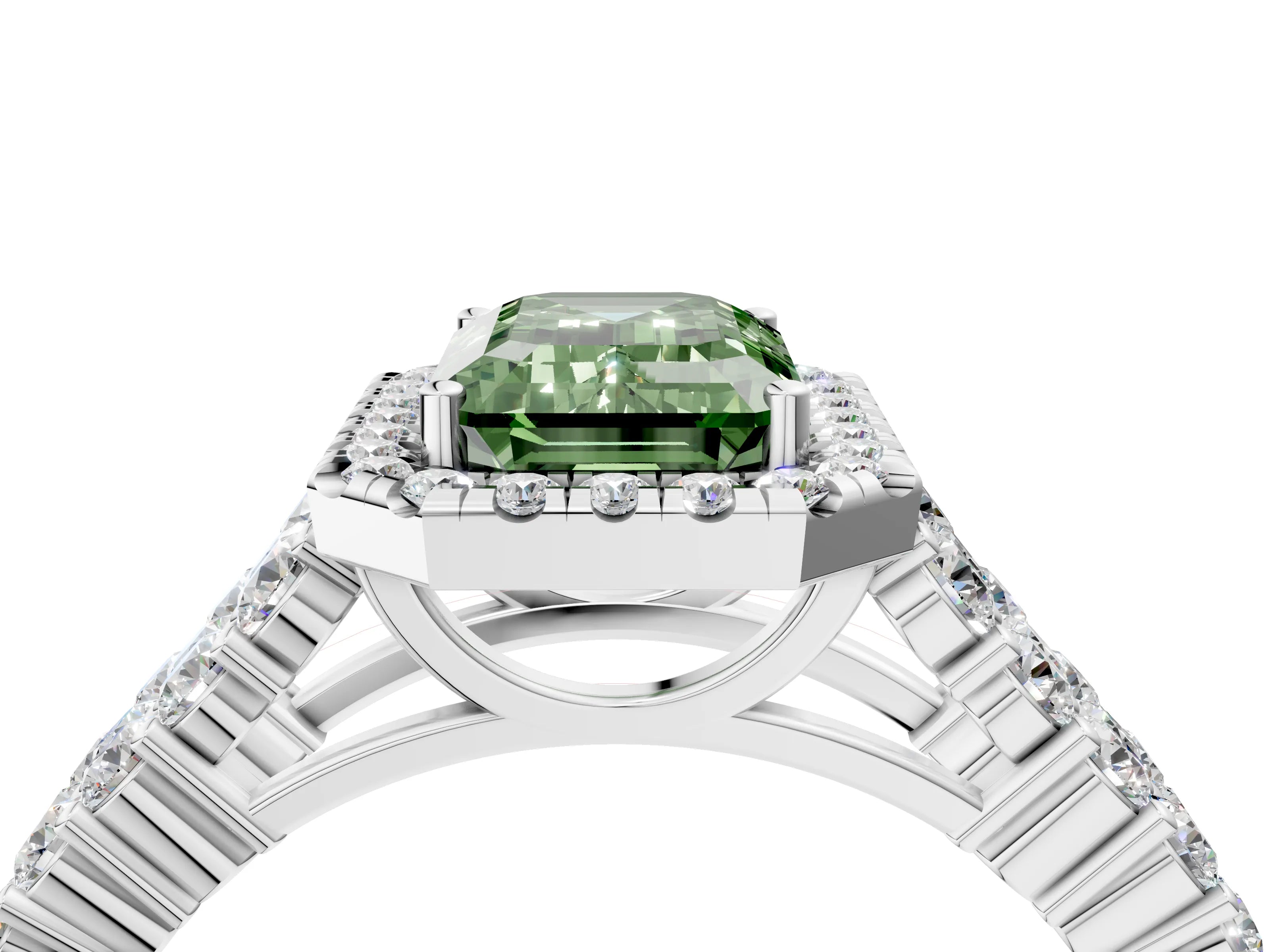 White gold Fancy Green Emerald Cut Halo Pavé Diamond Engagement Ring with Split Shank and Four-Prong Setting_7